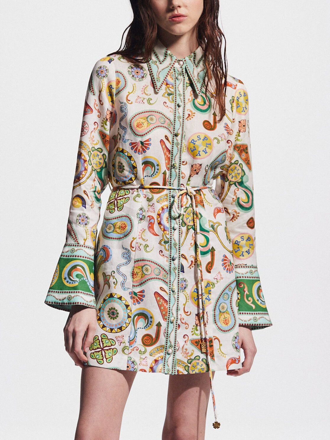 Exquisite And Fashionable Printed Trumpet Sleeve Mini Dress - Threadford