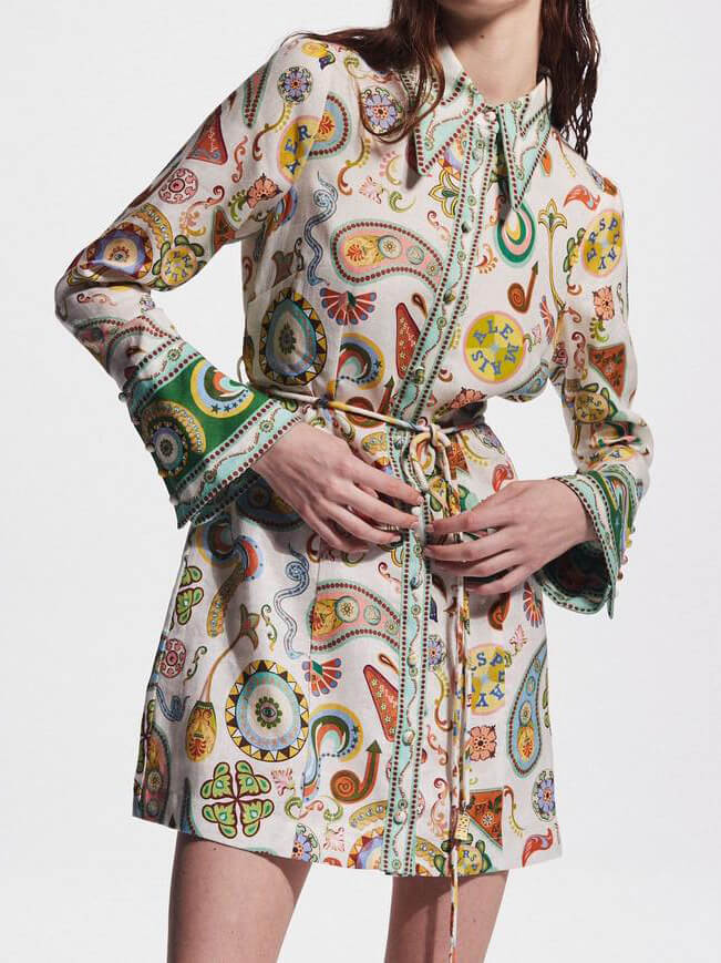 Exquisite And Fashionable Printed Trumpet Sleeve Mini Dress - Threadford