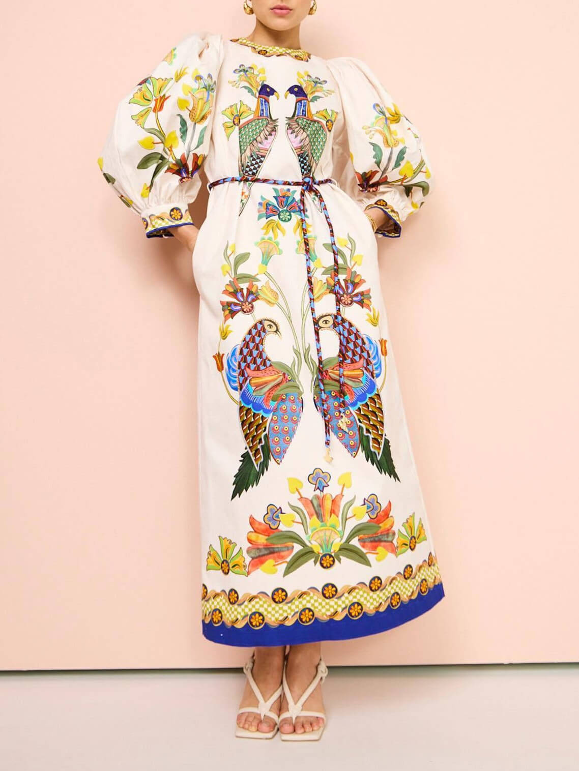 Exquisite And Fun Printed Puff Sleeves Loose Casual Midi Dress - Threadford