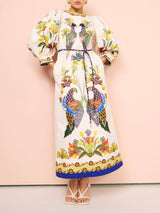 Exquisite And Fun Printed Puff Sleeves Loose Casual Midi Dress - Threadford