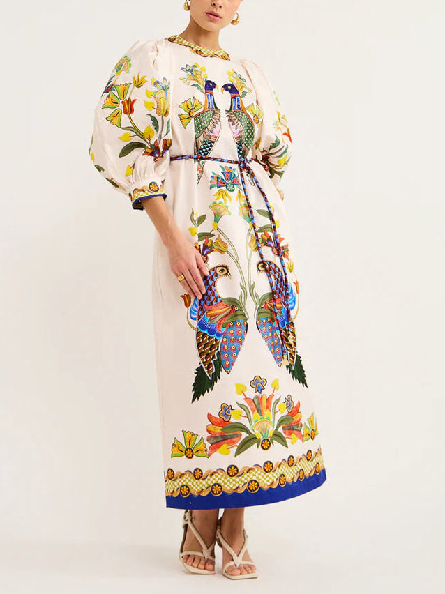 Exquisite And Fun Printed Puff Sleeves Loose Casual Midi Dress - Threadford