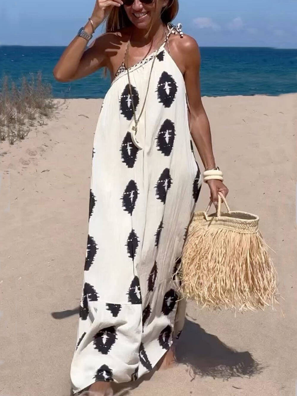 Sunshine Ethnic Print One Shoulder Loose Maxi Dress - Threadford