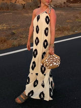Sunshine Ethnic Print One Shoulder Loose Maxi Dress - Threadford