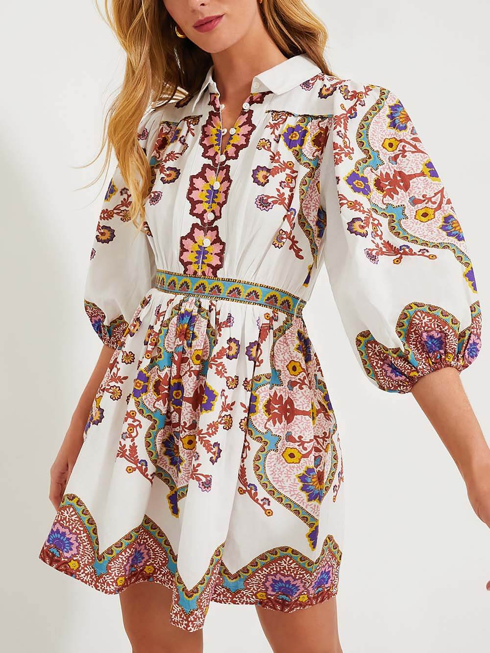 Unique Print Puff Sleeve Pocketed Shirt Mini Dress - Threadford