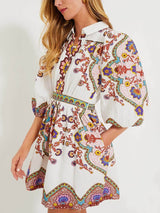 Unique Print Puff Sleeve Pocketed Shirt Mini Dress - Threadford