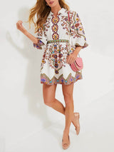 Unique Print Puff Sleeve Pocketed Shirt Mini Dress - Threadford