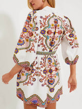 Unique Print Puff Sleeve Pocketed Shirt Mini Dress - Threadford