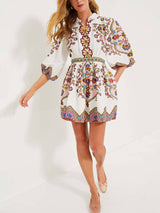 Unique Print Puff Sleeve Pocketed Shirt Mini Dress - Threadford