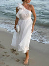 Unique Romantic Seaside One Shoulder Frill Detail Sleeve Layered Midi Dress - Threadford
