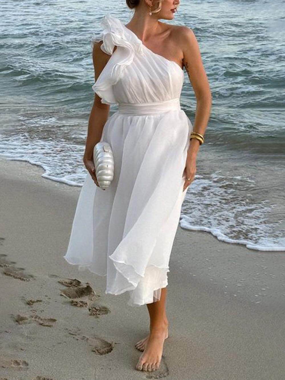 Unique Romantic Seaside One Shoulder Frill Detail Sleeve Layered Midi Dress - Threadford