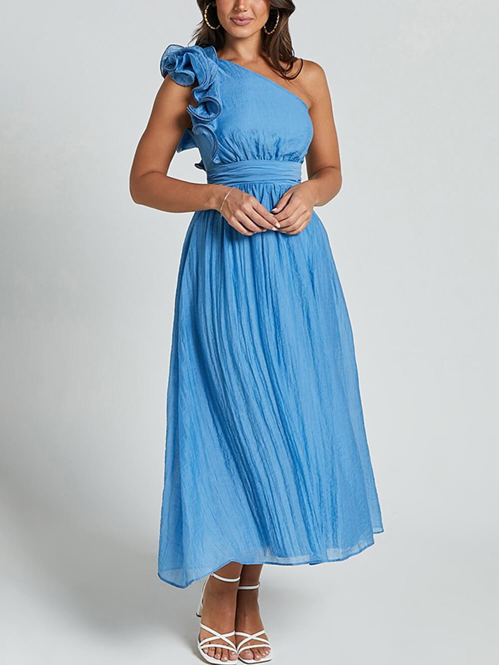 Unique Romantic Seaside One Shoulder Frill Detail Sleeve Layered Midi Dress - Threadford