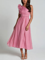 Unique Romantic Seaside One Shoulder Frill Detail Sleeve Layered Midi Dress - Threadford