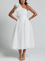 Unique Romantic Seaside One Shoulder Frill Detail Sleeve Layered Midi Dress - Threadford