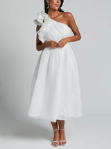 Unique Romantic Seaside One Shoulder Frill Detail Sleeve Layered Midi Dress - Threadford