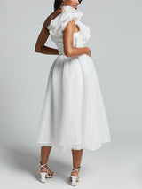 Unique Romantic Seaside One Shoulder Frill Detail Sleeve Layered Midi Dress - Threadford