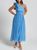 Unique Romantic Seaside One Shoulder Frill Detail Sleeve Layered Midi Dress - Threadford