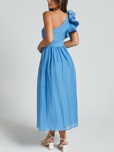 Unique Romantic Seaside One Shoulder Frill Detail Sleeve Layered Midi Dress - Threadford