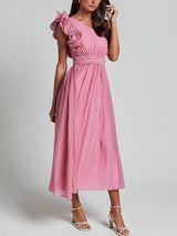Unique Romantic Seaside One Shoulder Frill Detail Sleeve Layered Midi Dress - Threadford