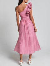 Unique Romantic Seaside One Shoulder Frill Detail Sleeve Layered Midi Dress - Threadford