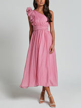 Unique Romantic Seaside One Shoulder Frill Detail Sleeve Layered Midi Dress - Threadford