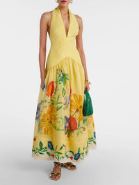 Elegante e sensuale abito lungo con stampa floreale Dahlia senza maniche