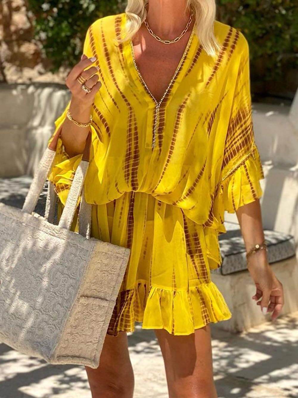 Unique Tie Dye Ruffle Batwing Sleeve Elastic Waist Kaftan Mini Dress - Threadford