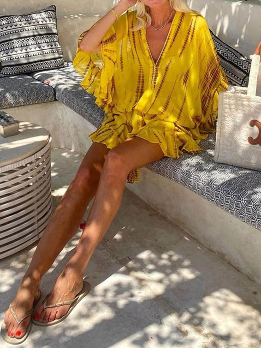 Unique Tie Dye Ruffle Batwing Sleeve Elastic Waist Kaftan Mini Dress - Threadford