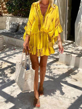 Unique Tie Dye Ruffle Batwing Sleeve Elastic Waist Kaftan Mini Dress - Threadford
