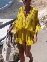 Unique Tie Dye Ruffle Batwing Sleeve Elastic Waist Kaftan Mini Dress - Threadford