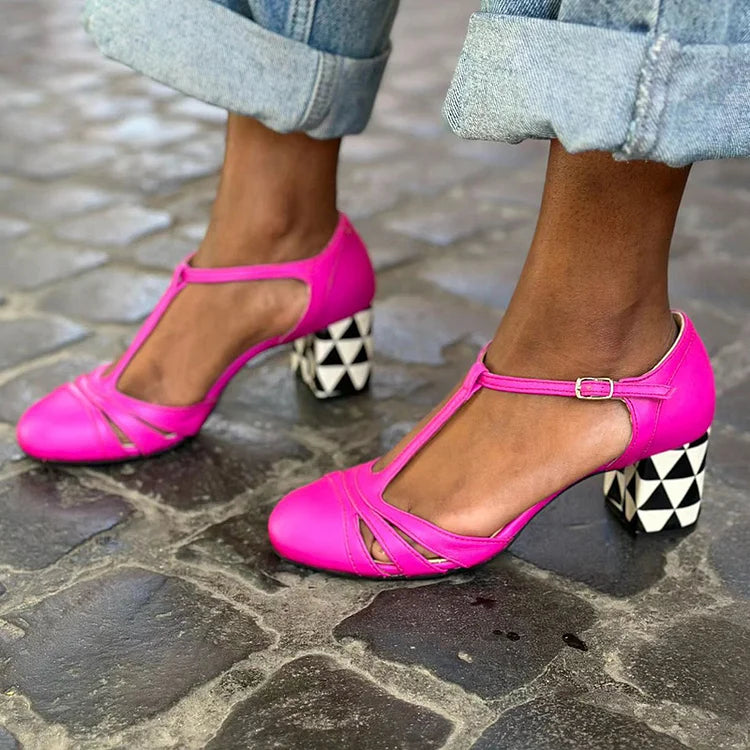 Geo T-strap Fuchsia Cable Print Chunky Heeled Shoes with Buckle - Threadford