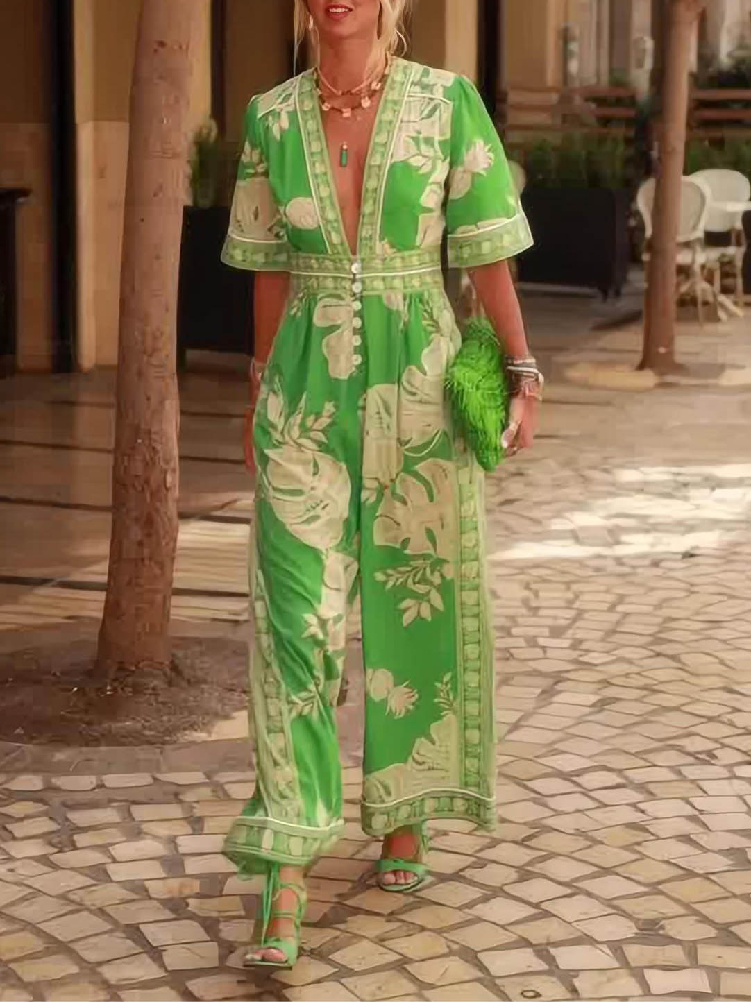 Fresh Holiday Floral Print V-Neck Short Sleeve Jumpsuit - Threadford