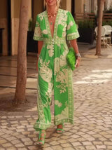 Fresh Holiday Floral Print V-Neck Short Sleeve Jumpsuit - Threadford