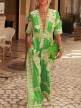 Fresh Holiday Floral Print V-Neck Short Sleeve Jumpsuit - Threadford