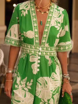 Fresh Holiday Floral Print V-Neck Short Sleeve Jumpsuit - Threadford