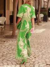Fresh Holiday Floral Print V-Neck Short Sleeve Jumpsuit - Threadford