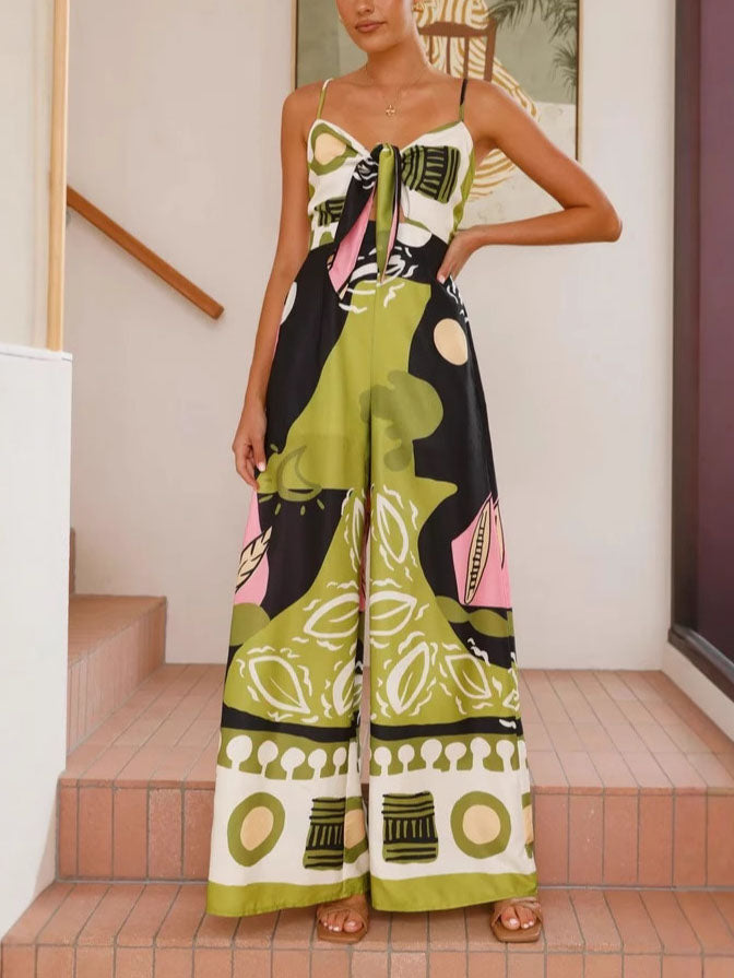 Unique Painted Print Suspenders Wide-leg Jumpsuit - Threadford