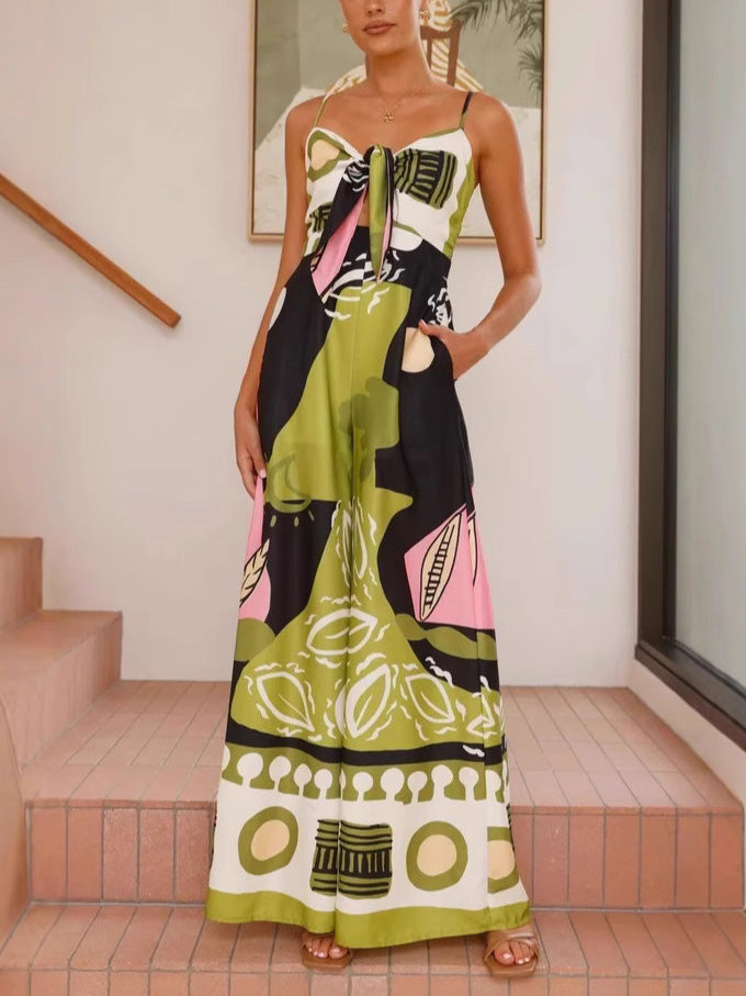 Unique Painted Print Suspenders Wide-leg Jumpsuit - Threadford
