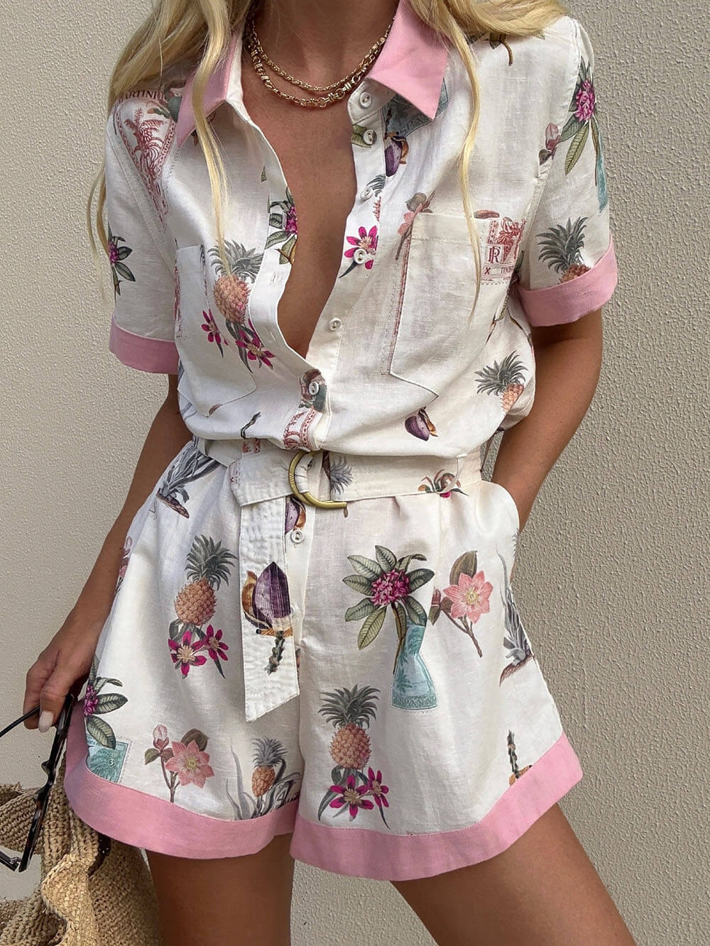 Elegant Floral Print Lace-Up Linen Cardigan Shirt Jumpsuit - Threadford