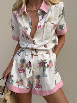 Elegant Floral Print Lace-Up Linen Cardigan Shirt Jumpsuit - Threadford
