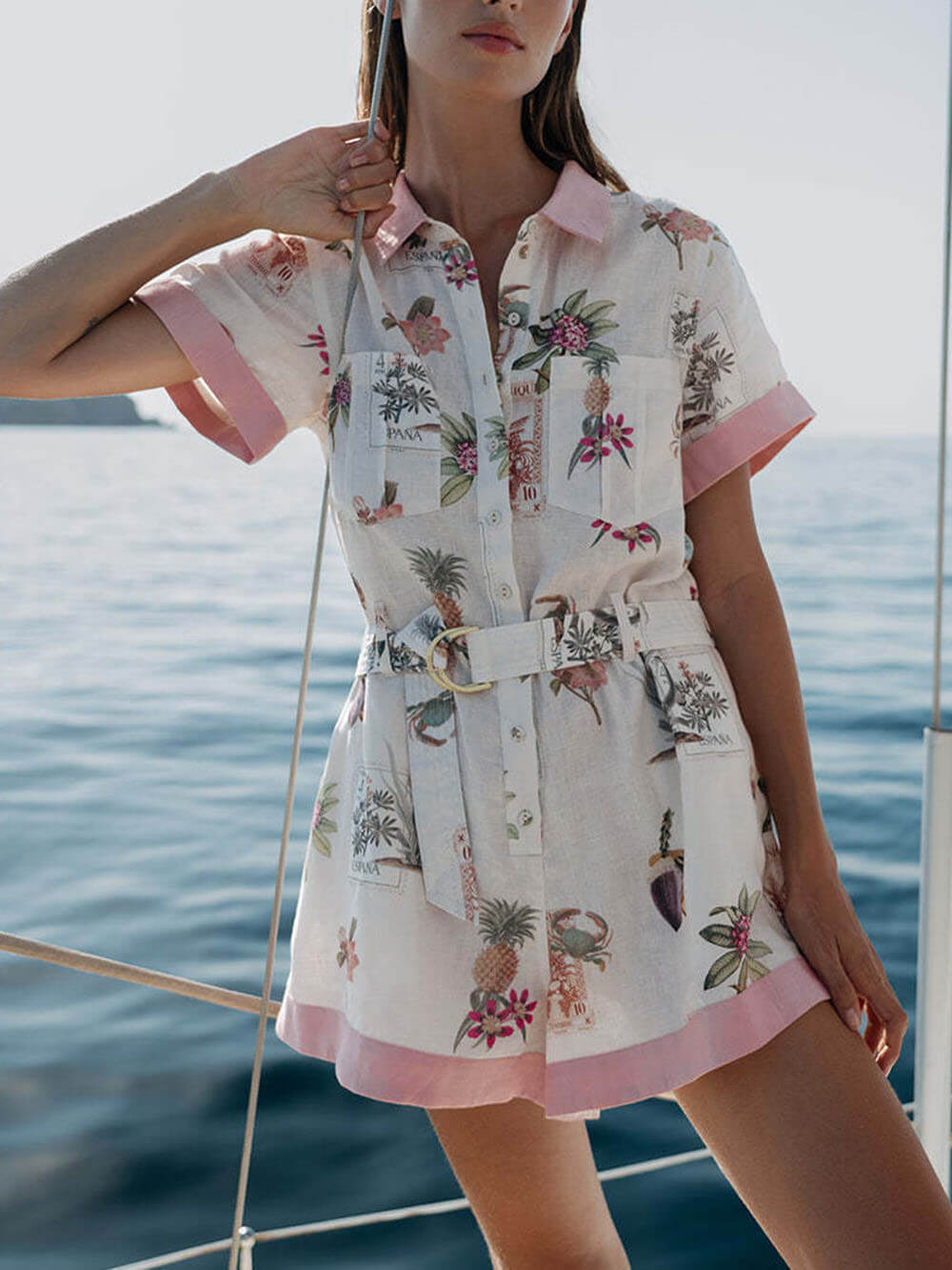 Elegant Floral Print Lace-Up Linen Cardigan Shirt Jumpsuit - Threadford