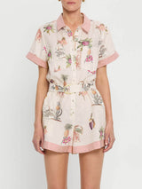 Elegant Floral Print Lace-Up Linen Cardigan Shirt Jumpsuit - Threadford