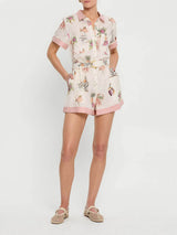 Elegant Floral Print Lace-Up Linen Cardigan Shirt Jumpsuit - Threadford