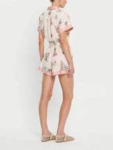 Elegant Floral Print Lace-Up Linen Cardigan Shirt Jumpsuit - Threadford