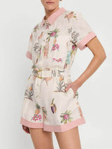 Elegant Floral Print Lace-Up Linen Cardigan Shirt Jumpsuit - Threadford