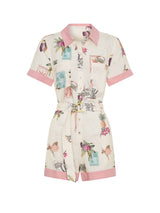 Elegant Floral Print Lace-Up Linen Cardigan Shirt Jumpsuit - Threadford