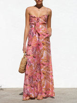 Delicate Botanical Print Strappy Resort Style Wide-leg Pants Jumpsuit - Threadford