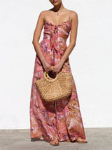 Delicate Botanical Print Strappy Resort Style Wide-leg Pants Jumpsuit - Threadford