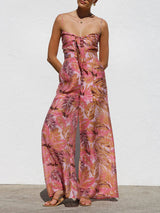 Delicate Botanical Print Strappy Resort Style Wide-leg Pants Jumpsuit - Threadford