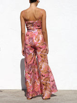 Delicate Botanical Print Strappy Resort Style Wide-leg Pants Jumpsuit - Threadford