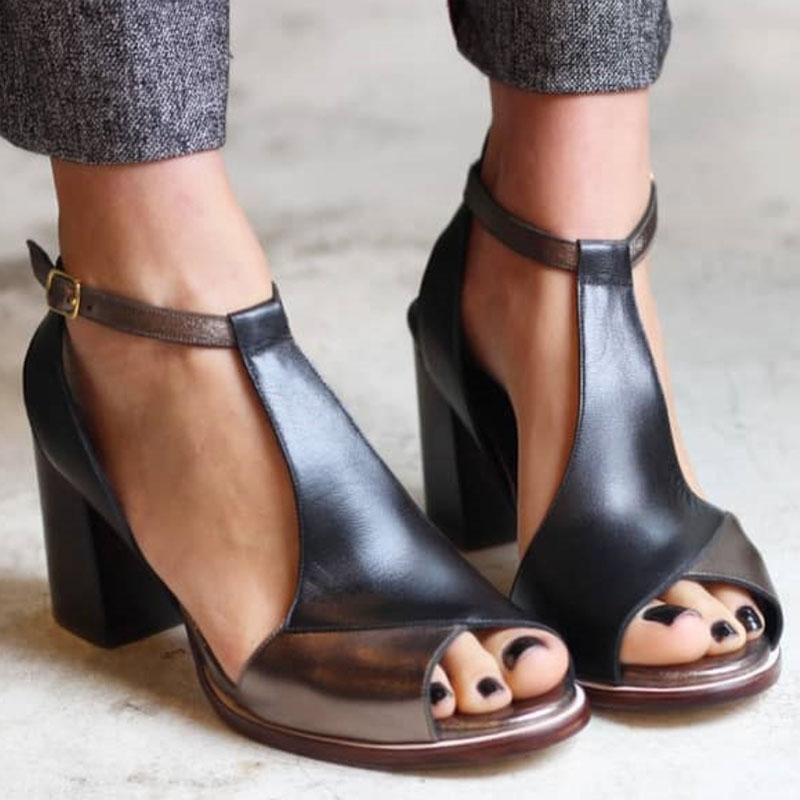Anyao™ Elegant Block Heels with Open Toe in Black Patchwork – Perfect for Any Occasion - Threadford